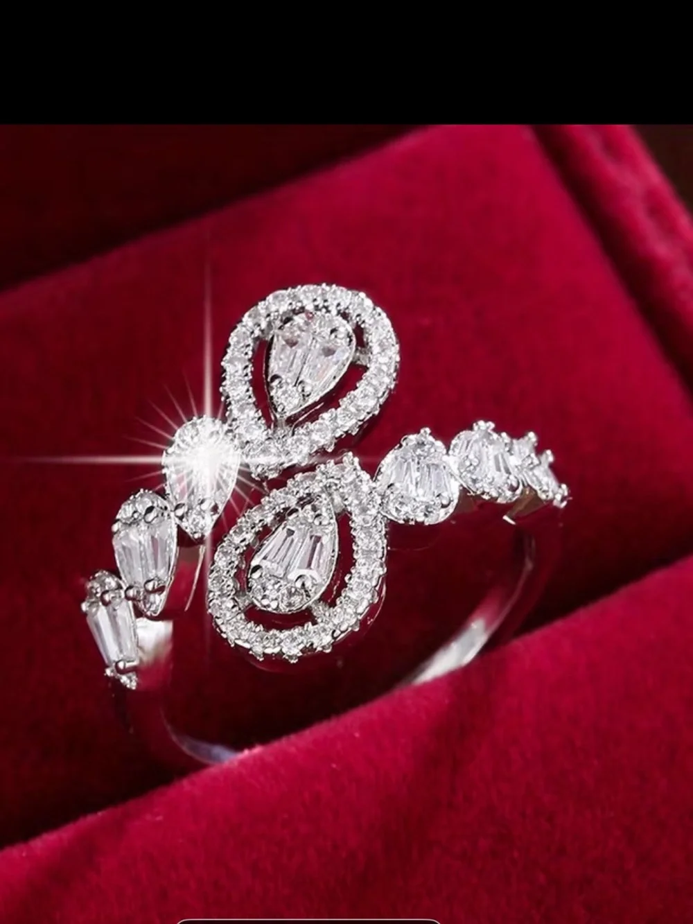 Elegant White Teardrop Halo Ring with Clear Baguette Accents
